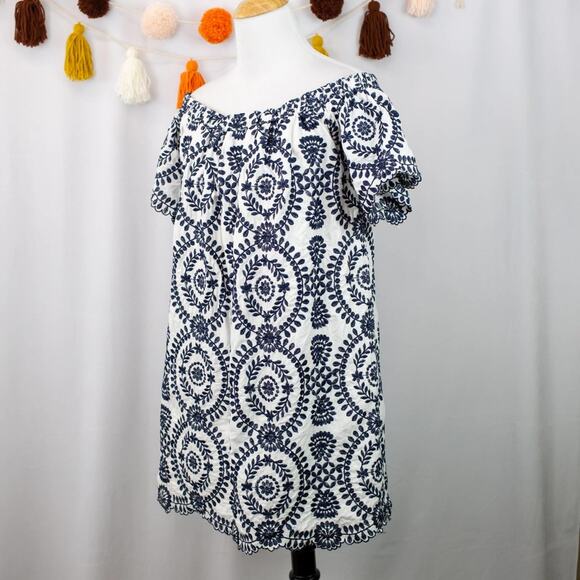 Entro Navy Blue White Floral Paisley Embroidered Off Shoulder Mini Dress Medium - Picture 2 of 6